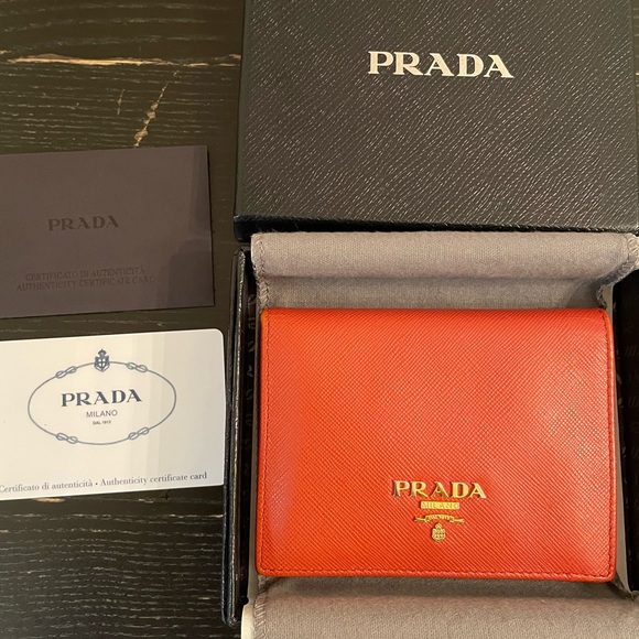 Authentic Prada Saffiano Leather Bi-Fold Wallet in Rame with box and card - Picture 2 of 11